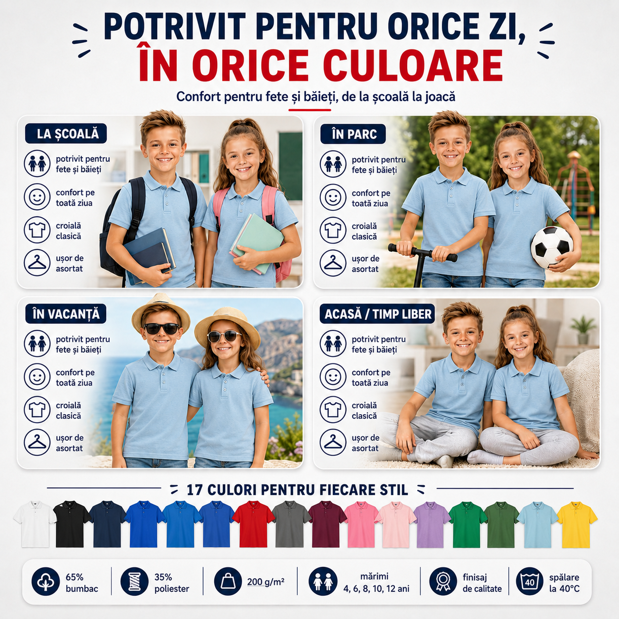 Tricou polo copii pentru școală, parc, vacanță și timp liber
